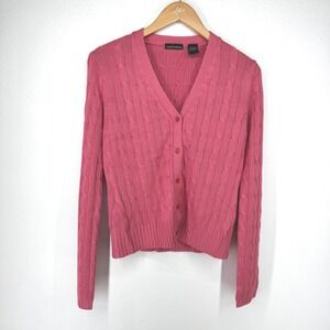 Vtg Womens Cable Knit Fisherman V Neck Cardigan Sweater Size S Pink Old Money‎